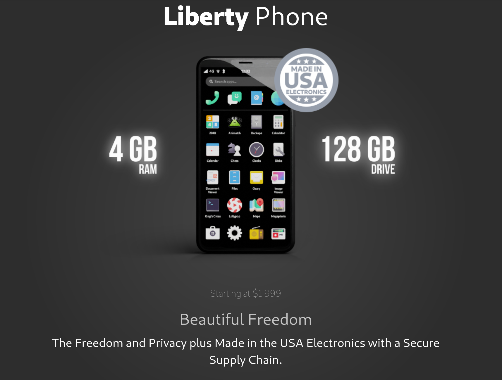 Purism Liberty Phone page showing "The Freedom and Privacy plus Made in the USA Electronics with a Secure Supply Chain" at the bottom.