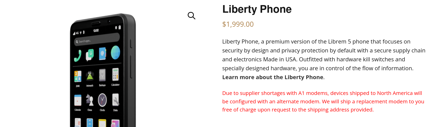 Liberty Phone buy now page showing "Due to supplier shortages with A1 modems, devices shipped to North America will be configured with an alternate modem. We will ship a replacement modem to you free of charge upon request to the shipping address provided." in red text.